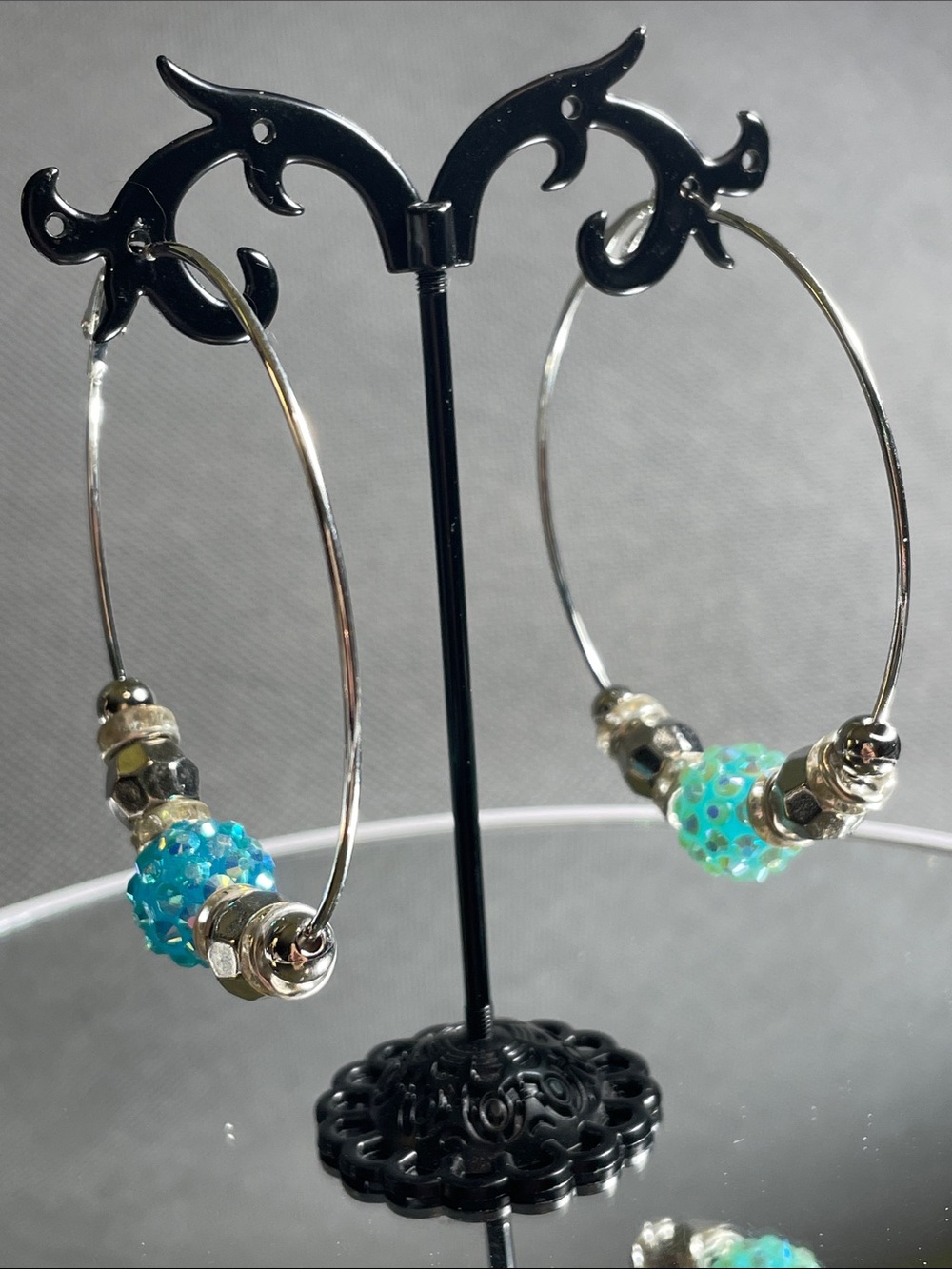 Pastels Aqua Bead Hoop Earrings with Silver Accents